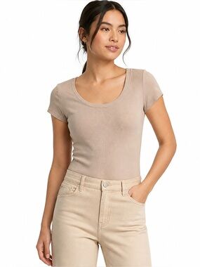 A New Day Ribbed Scoop Neck Tee Beige Short Sleeve Top Small